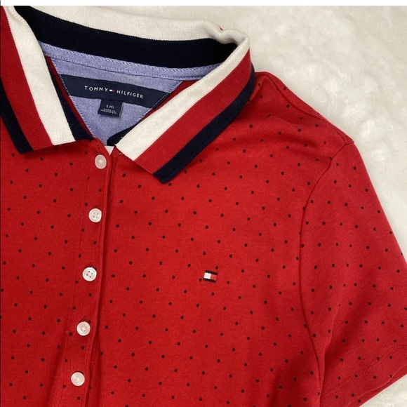 Tommy Hilfiger Shirt Dress Large Red Polka Dots Collared Polo Short Buttons - Picture 3 of 6